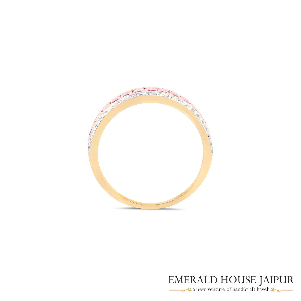 Baguette-Cut Pink Sapphire & Round Brilliant-Cut Diamond Band Ring in 18K Yellow Gold