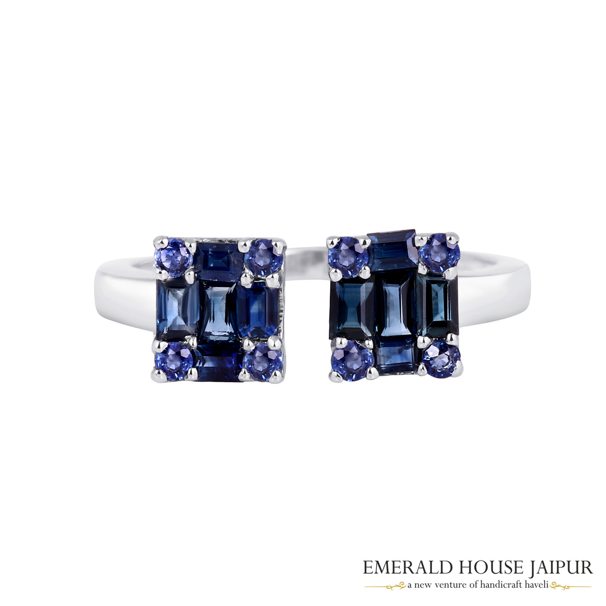 Thai Rounds & Baguettes Blue Sapphire Ring In 14K White Gold