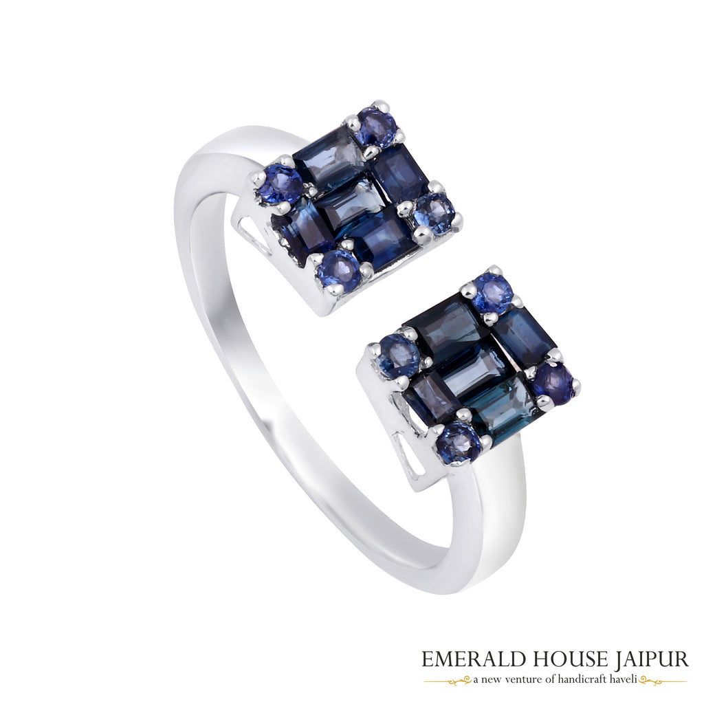 Thai Rounds & Baguettes Blue Sapphire Ring In 14K White Gold