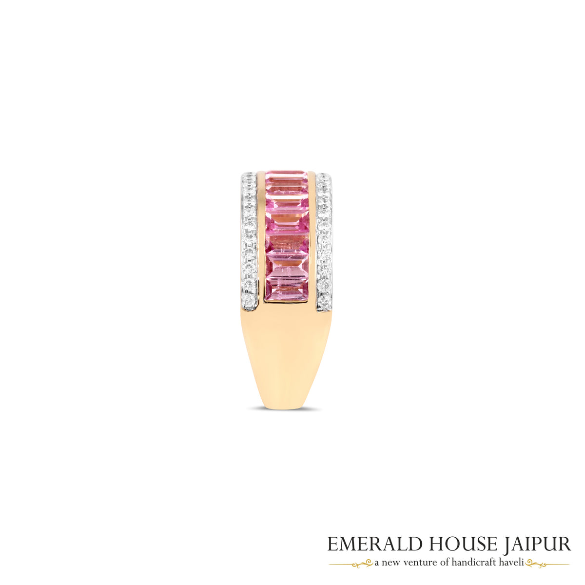 Baguette-Cut Pink Sapphire & Round Brilliant-Cut Diamond Band Ring in 18K Yellow Gold