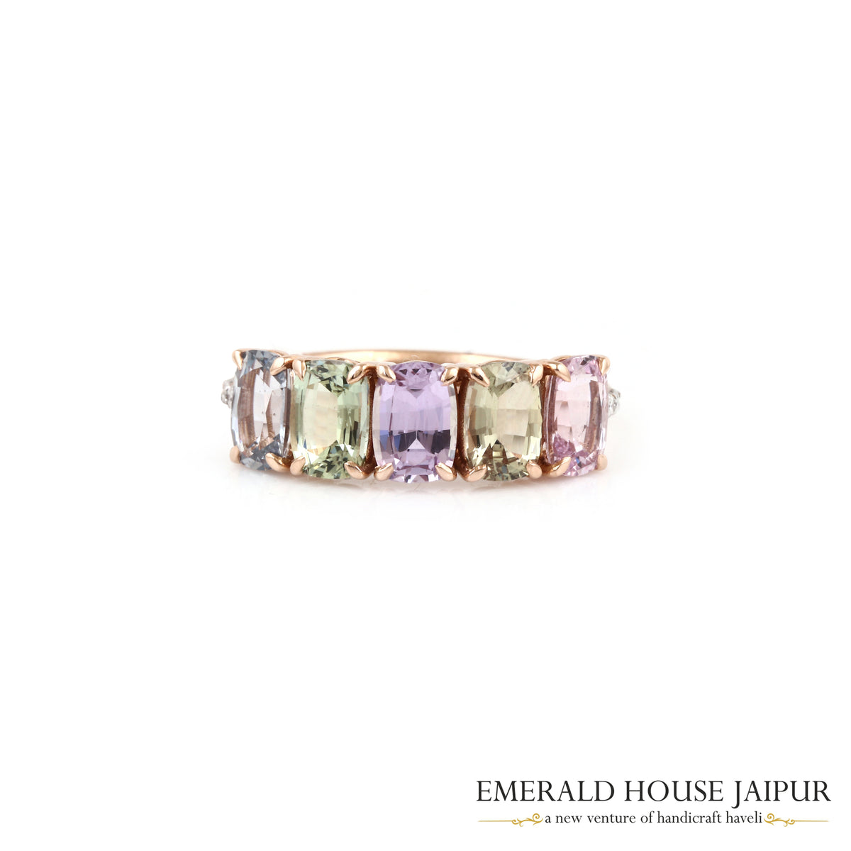 Multi-Coloured Cushion-Cut Sapphire Five-Stone Ring in 18K Rose Gold