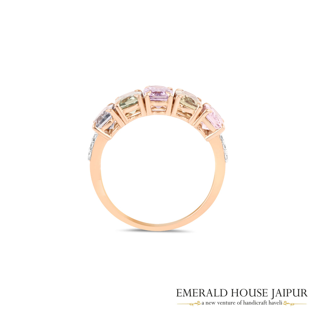 Multi-Coloured Cushion-Cut Sapphire Five-Stone Ring in 18K Rose Gold
