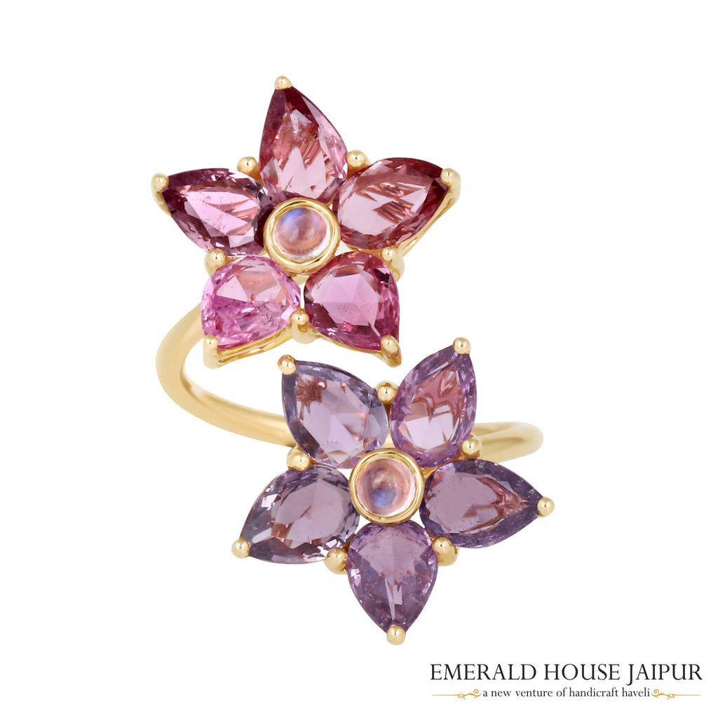 Thai Pears Multi Sapphire & Indian Moonstone Floral Ring In 18K Rose Gold
