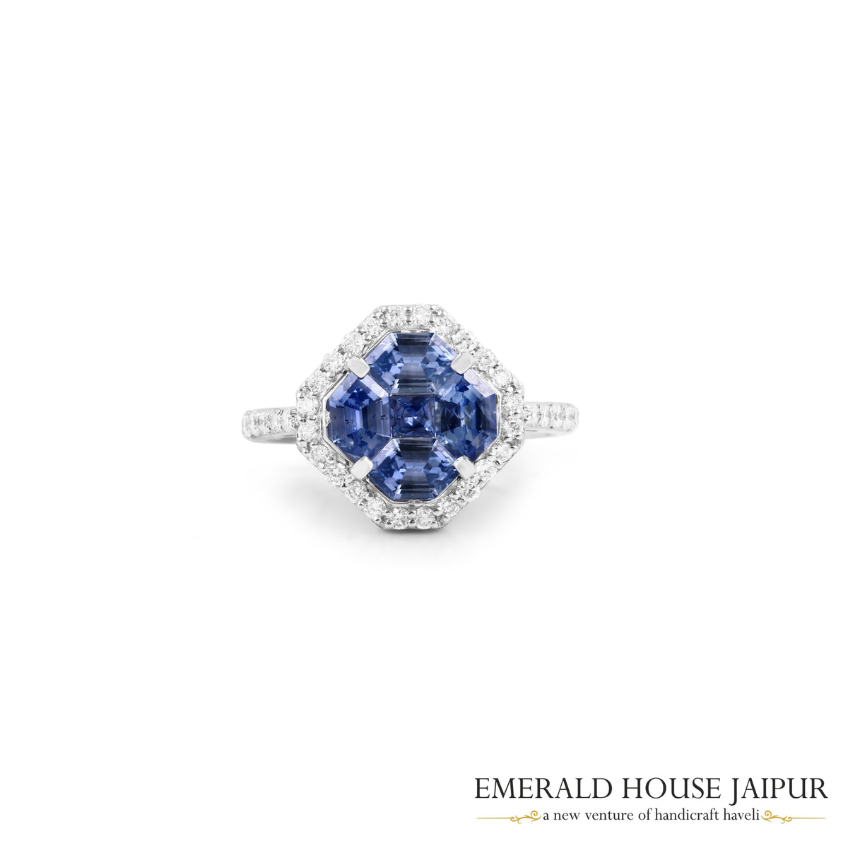 Octagonal Step-Cut Blue Sapphire & Diamond Halo Ring in 18K White Gold