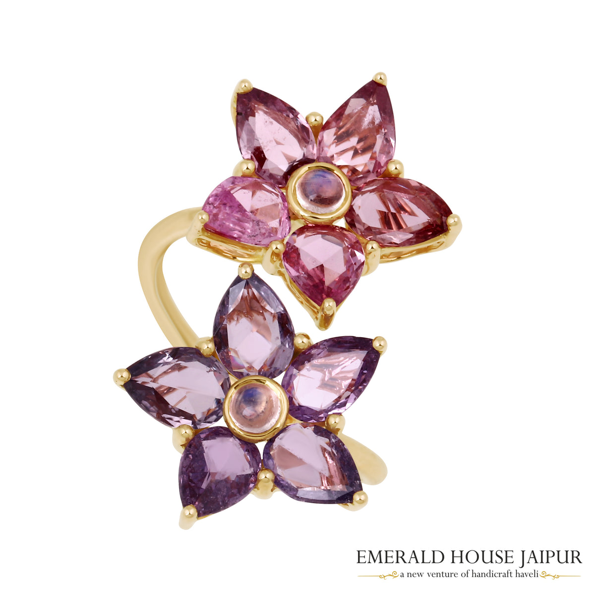 Thai Pears Multi Sapphire & Indian Moonstone Floral Ring In 18K Rose Gold