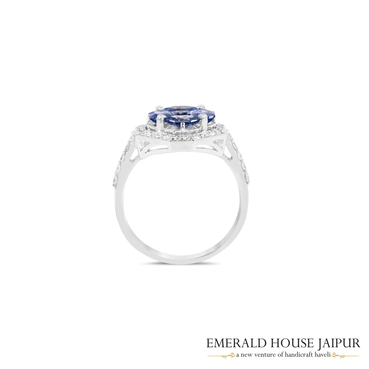 Octagonal Step-Cut Blue Sapphire & Diamond Halo Ring in 18K White Gold