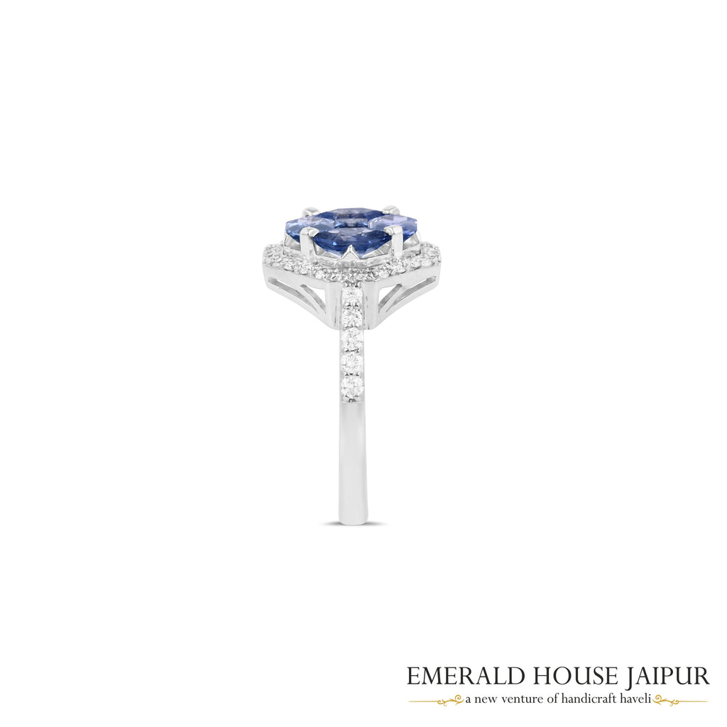 Octagonal Step-Cut Blue Sapphire & Diamond Halo Ring in 18K White Gold