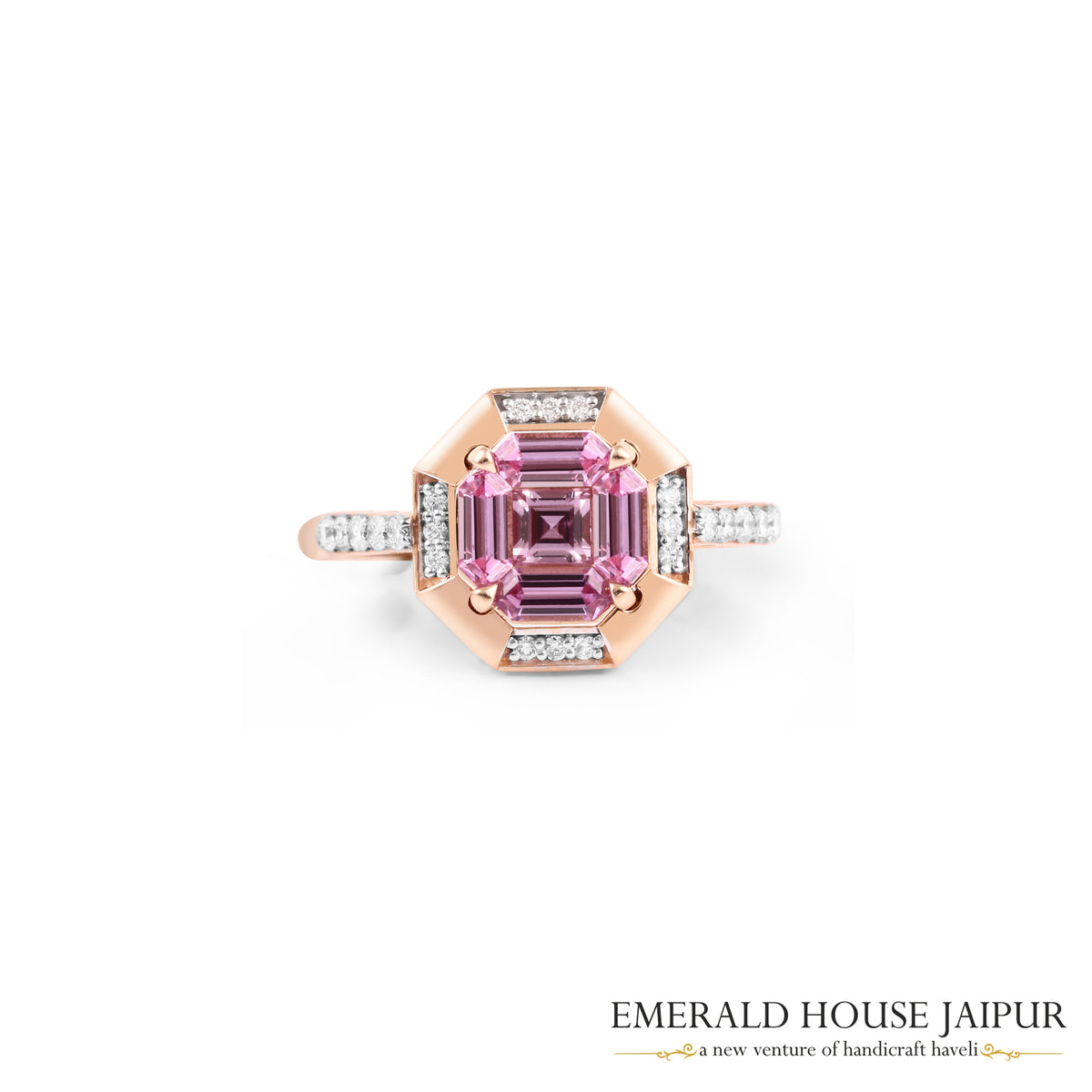 Octagonal Step-Cut Pink Sapphire & Diamond Geometric Ring in 18K Rose Gold