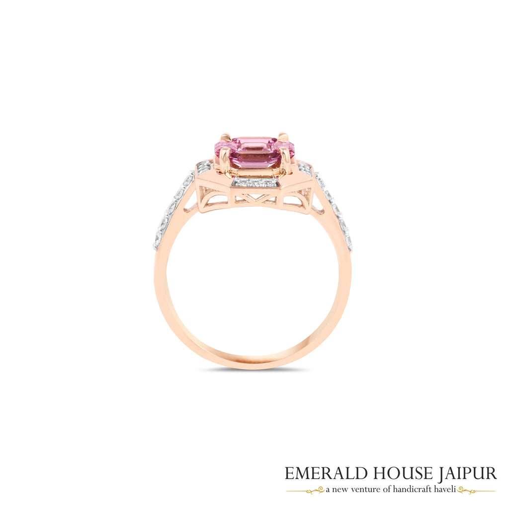 Octagonal Step-Cut Pink Sapphire & Diamond Geometric Ring in 18K Rose Gold