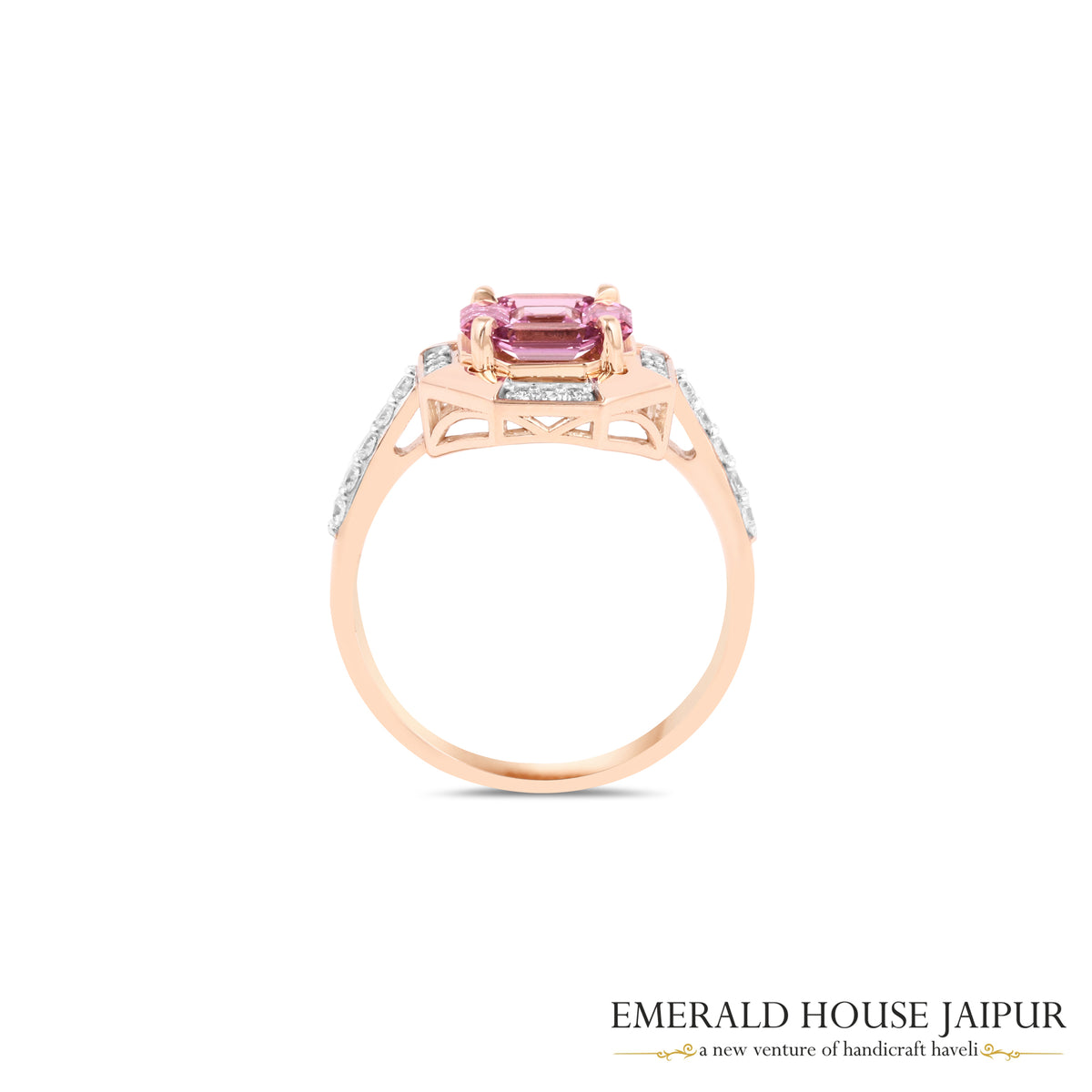 Octagonal Step-Cut Pink Sapphire & Diamond Geometric Ring in 18K Rose Gold