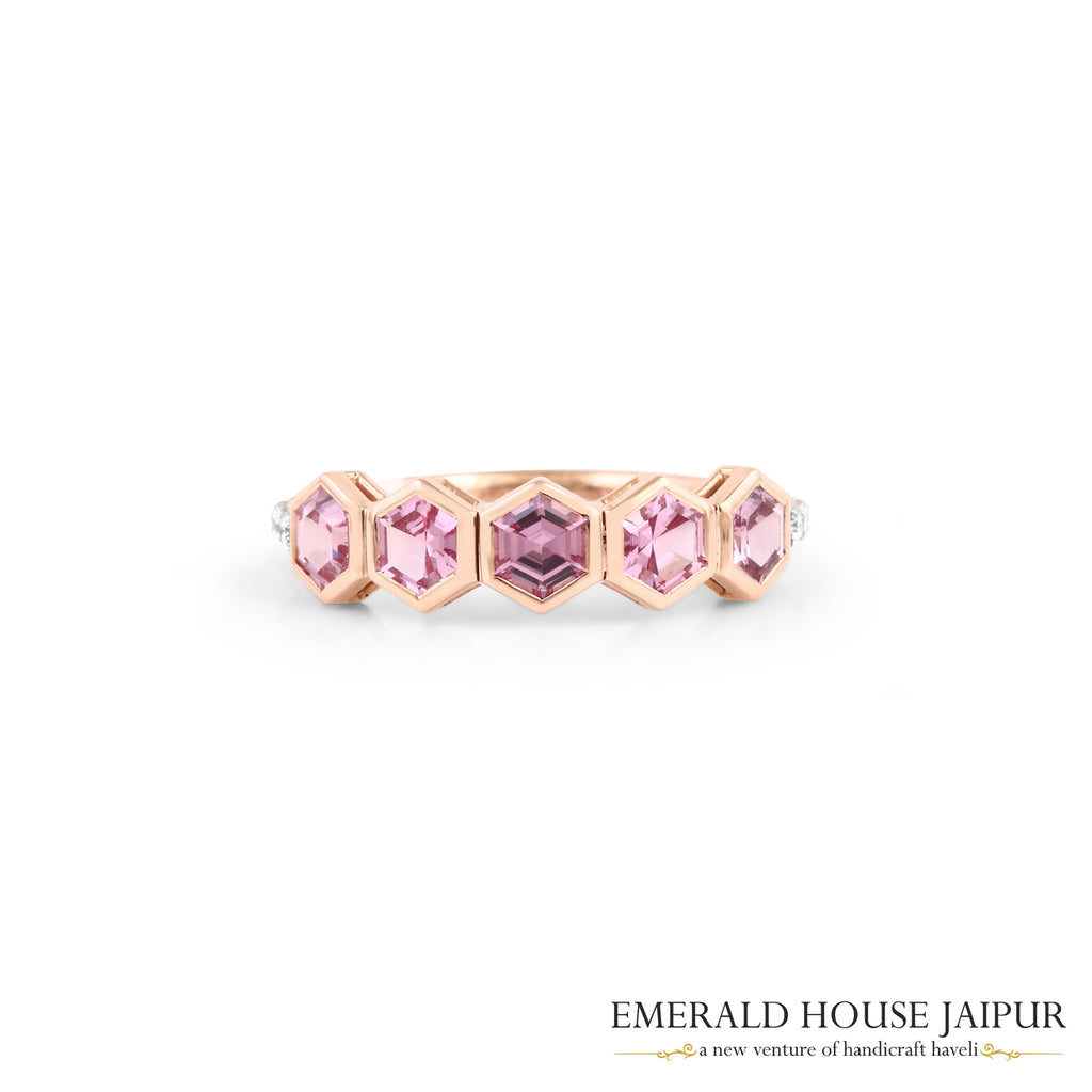 Hexagon-Cut Pink Sapphire & Diamond Band Ring in 18K Rose Gold