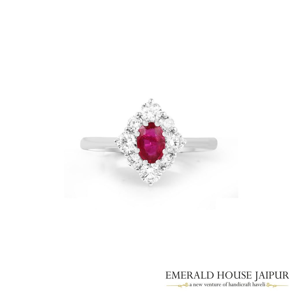 Oval-Cut Ruby & Round Brilliant-Cut Diamond Halo Ring in 18K White Gold