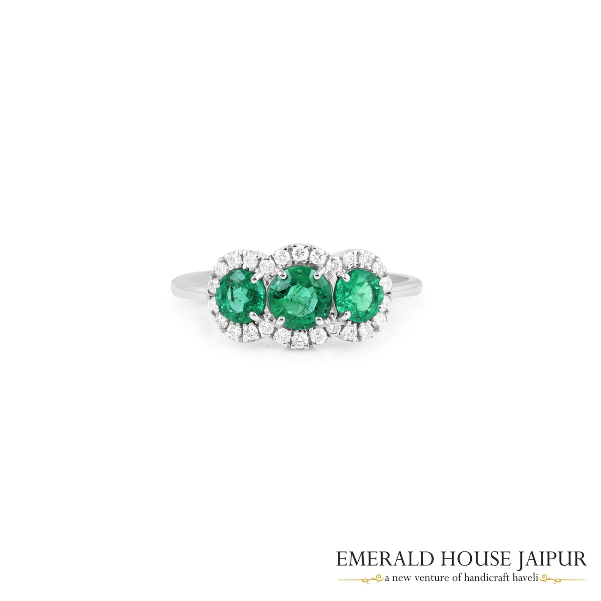 Round-Cut Emerald & Round Brilliant-Cut Diamond Triple-Stone Ring in 18K White Gold