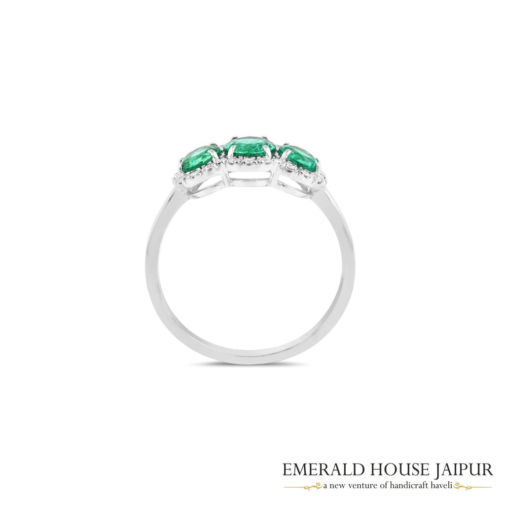 Round-Cut Emerald & Round Brilliant-Cut Diamond Triple-Stone Ring in 18K White Gold