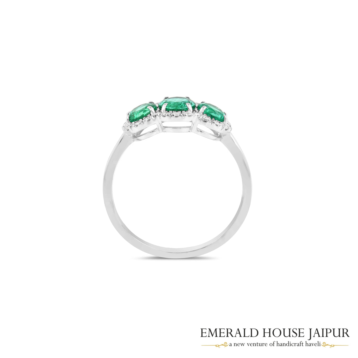 Round-Cut Emerald & Round Brilliant-Cut Diamond Triple-Stone Ring in 18K White Gold