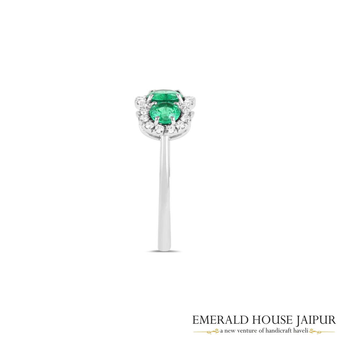 Round-Cut Emerald & Round Brilliant-Cut Diamond Triple-Stone Ring in 18K White Gold