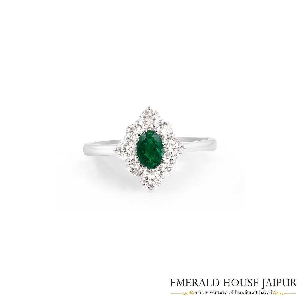 Oval-Cut Emerald & Round Brilliant-Cut Diamond Halo Ring in 18K White Gold
