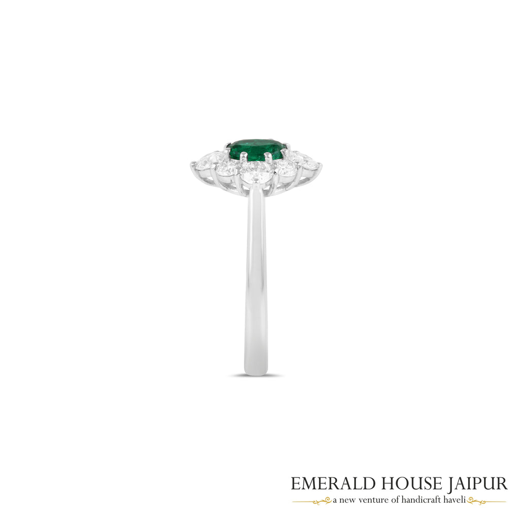 Oval-Cut Emerald & Round Brilliant-Cut Diamond Halo Ring in 18K White Gold