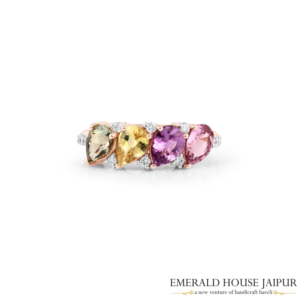 Multi-Coloured Cushion-Cut Sapphire & Diamond Four-Stone Ring in 18K Rose Gold
