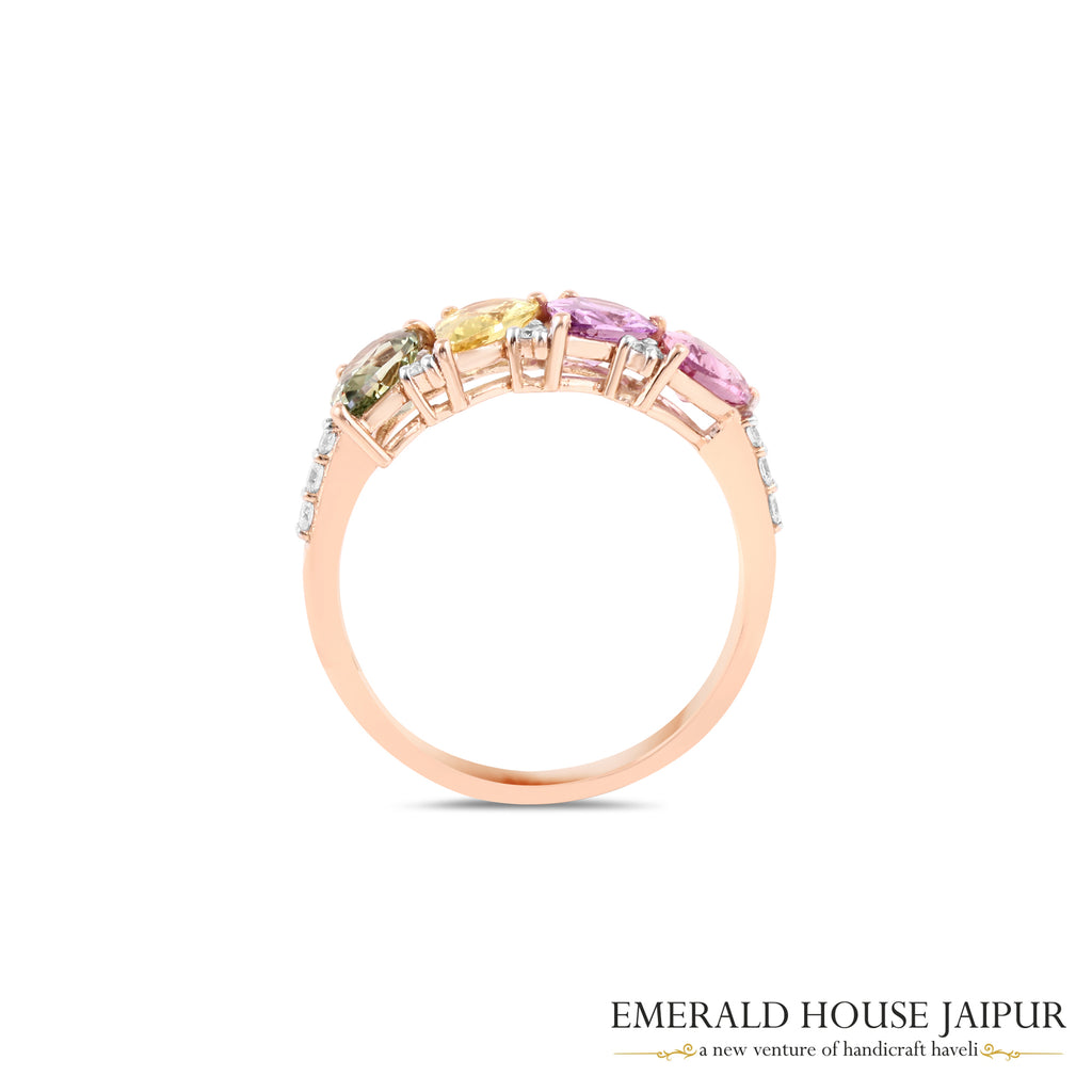 Multi-Coloured Cushion-Cut Sapphire & Diamond Four-Stone Ring in 18K Rose Gold