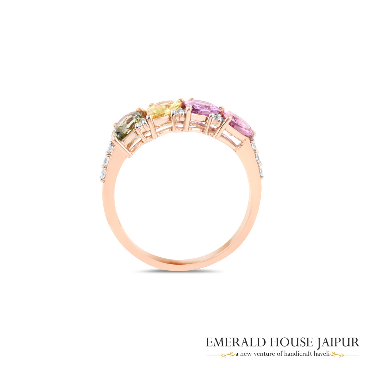 Multi-Coloured Cushion-Cut Sapphire & Diamond Four-Stone Ring in 18K Rose Gold