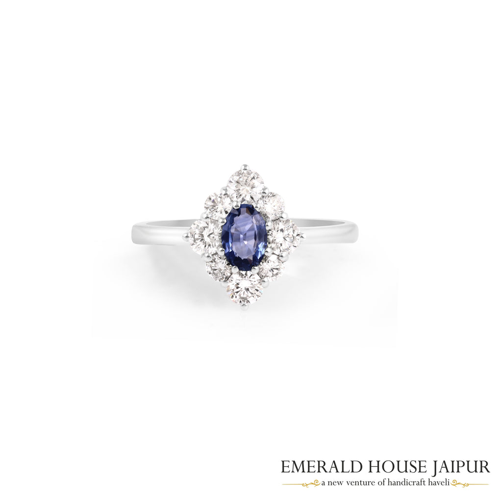 Oval-Cut Blue Sapphire & Round Brilliant-Cut Diamond Halo Ring in 18K White Gold