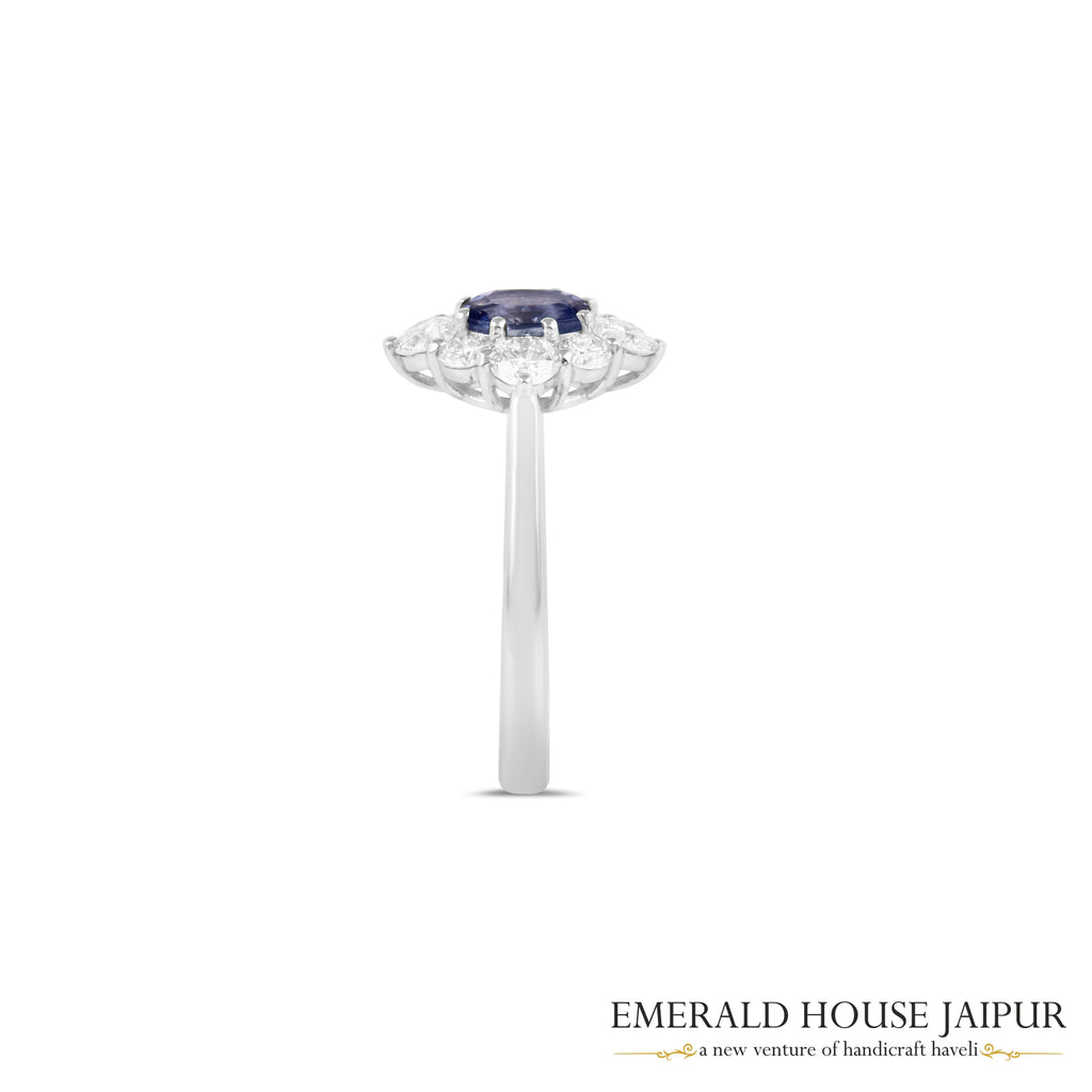 Oval-Cut Blue Sapphire & Round Brilliant-Cut Diamond Halo Ring in 18K White Gold