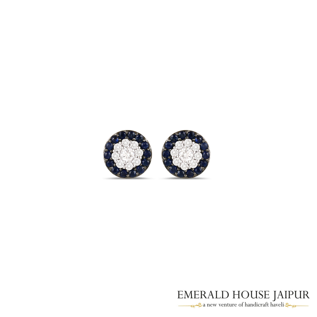 Round-Cut Blue Sapphire & Round Brilliant-Cut Diamond Cluster Earrings in 18K White Gold