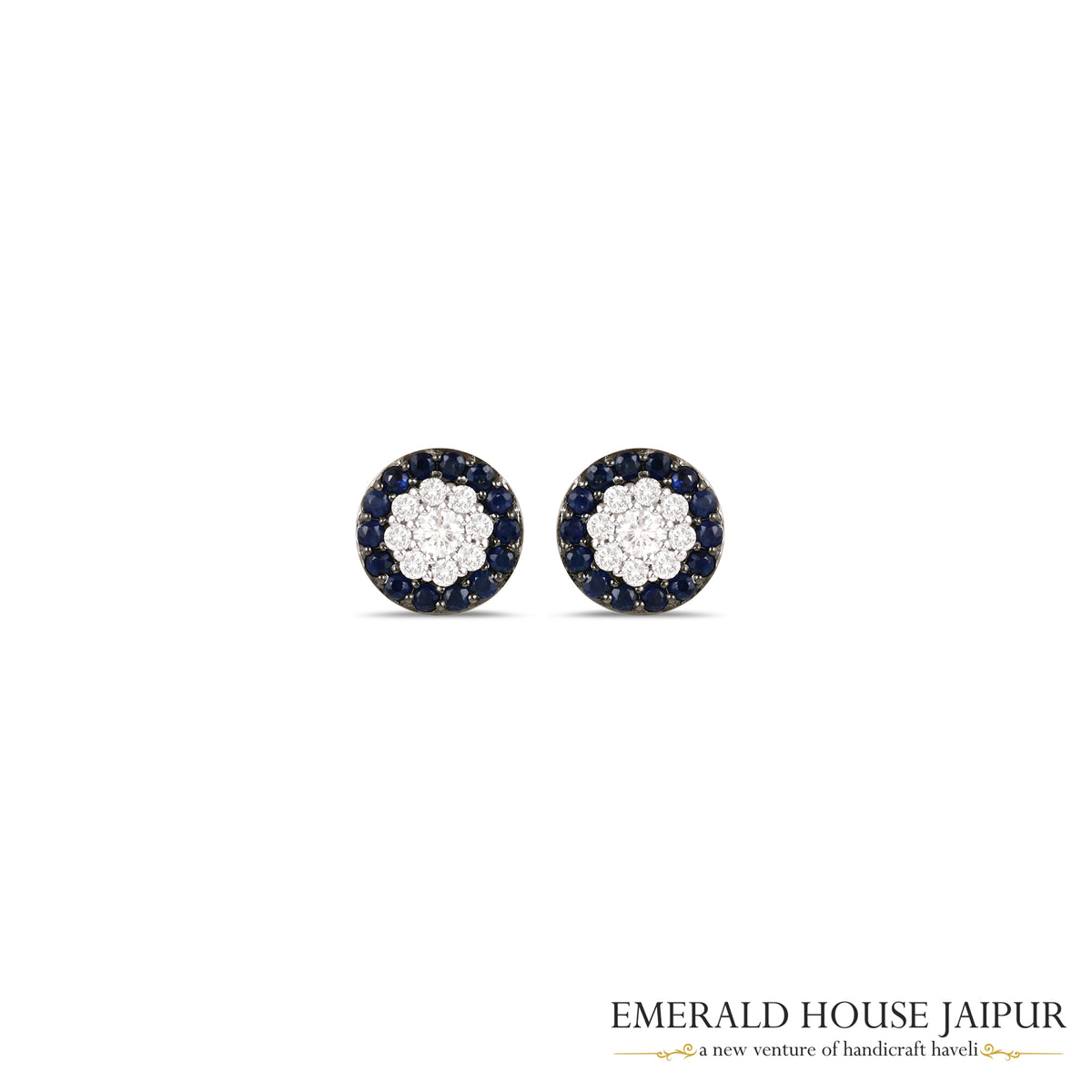 Round-Cut Blue Sapphire & Round Brilliant-Cut Diamond Cluster Earrings in 18K White Gold