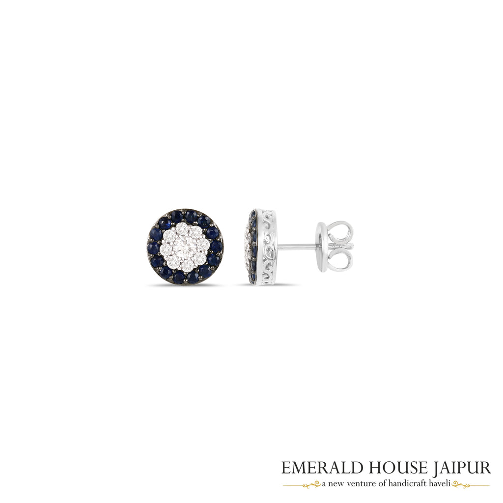 Round-Cut Blue Sapphire & Round Brilliant-Cut Diamond Cluster Earrings in 18K White Gold