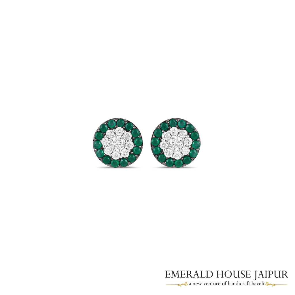 Round-Cut Emerald & Round Brilliant-Cut Diamond Cluster Earrings in 18K White Gold