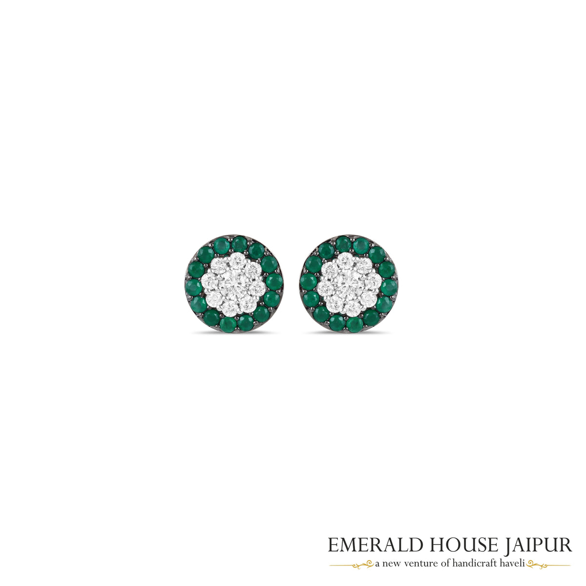 Round-Cut Emerald & Round Brilliant-Cut Diamond Cluster Earrings in 18K White Gold