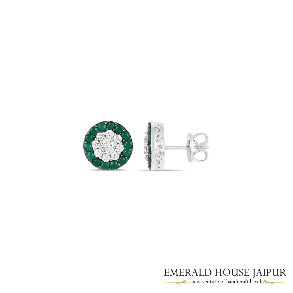 Round-Cut Emerald & Round Brilliant-Cut Diamond Cluster Earrings in 18K White Gold