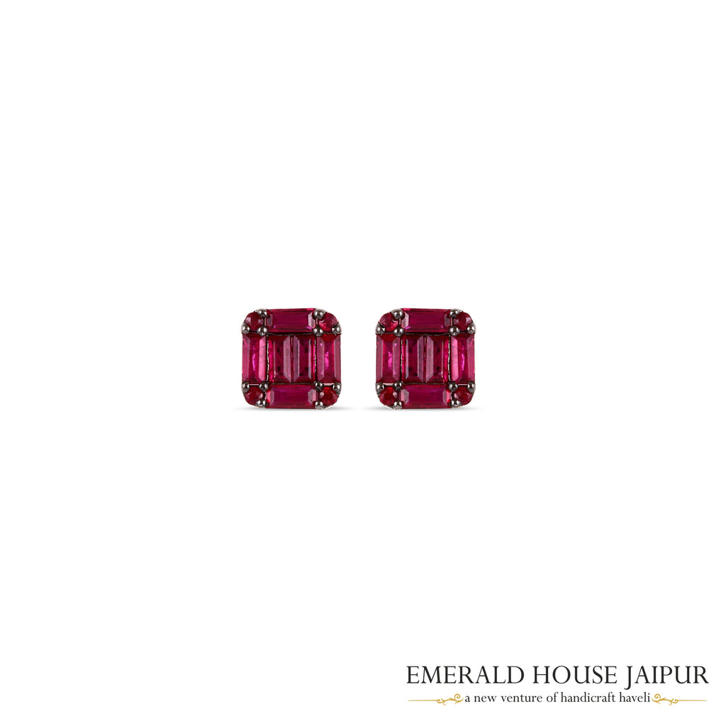 Baguette-Cut Ruby & Round Brilliant-Cut Ruby Stud Earrings in 18K White Gold