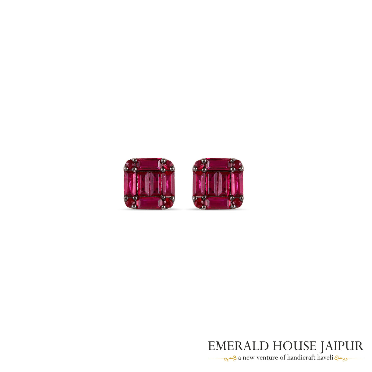 Baguette-Cut Ruby & Round Brilliant-Cut Ruby Stud Earrings in 18K White Gold