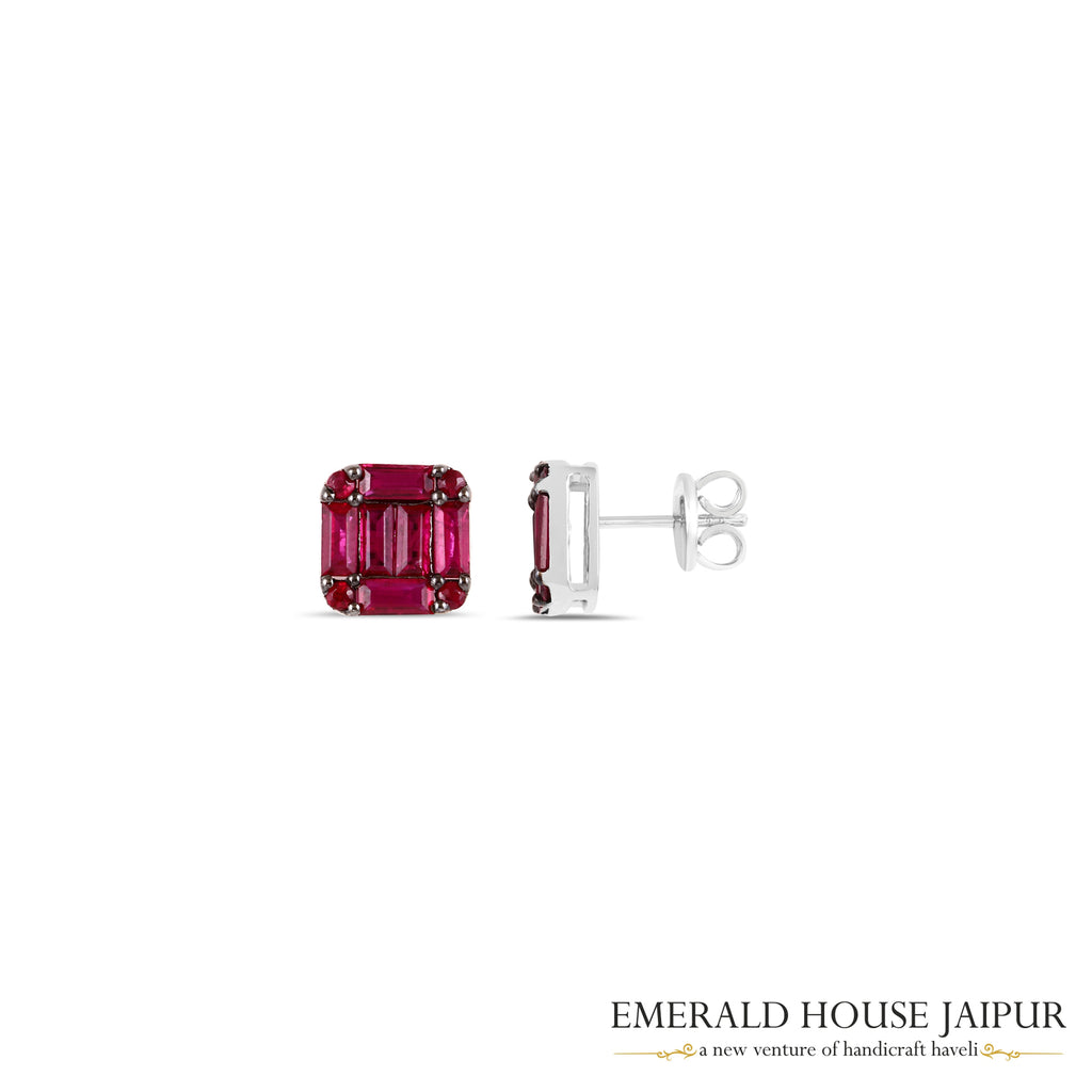 Baguette-Cut Ruby & Round Brilliant-Cut Ruby Stud Earrings in 18K White Gold