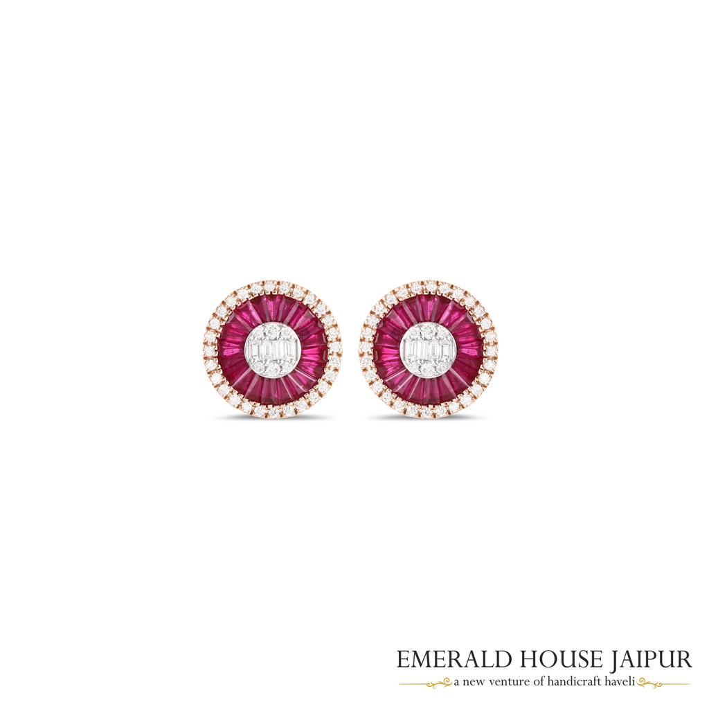 Tapered Baguette-Cut Ruby & Baguette-Cut Diamond Sunburst Earrings in 18K Rose Gold
