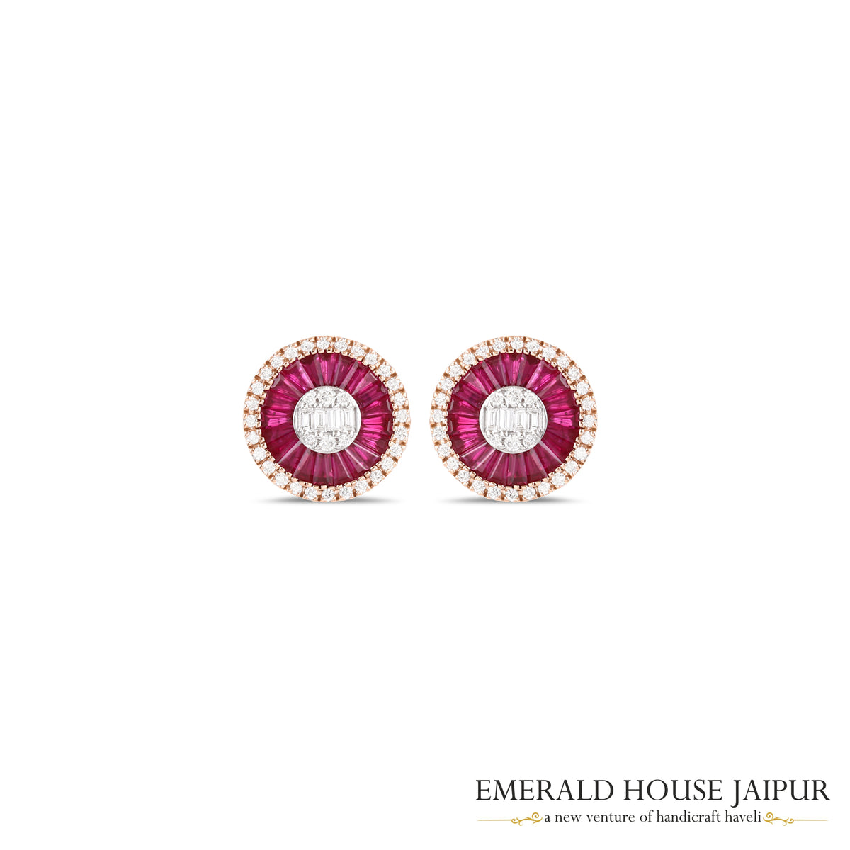 Tapered Baguette-Cut Ruby & Baguette-Cut Diamond Sunburst Earrings in 18K Rose Gold