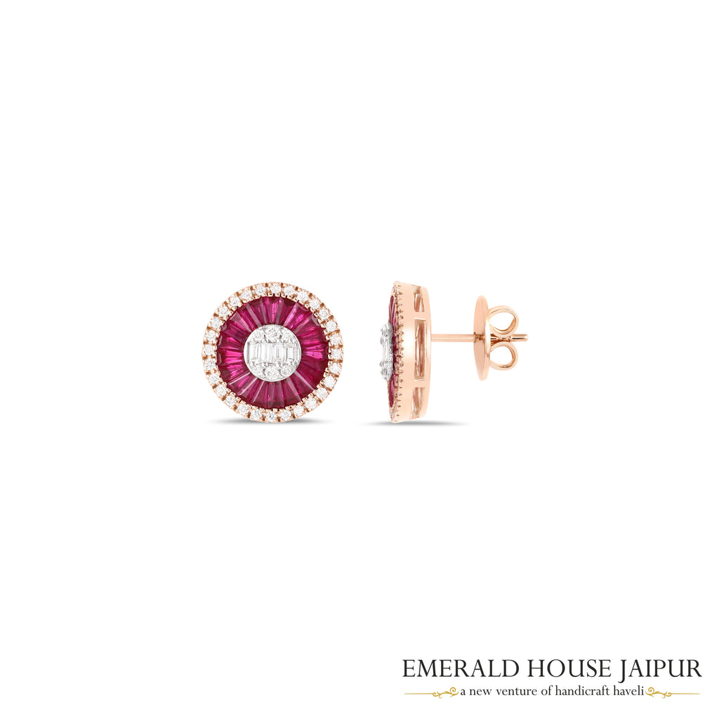 Tapered Baguette-Cut Ruby & Baguette-Cut Diamond Sunburst Earrings in 18K Rose Gold