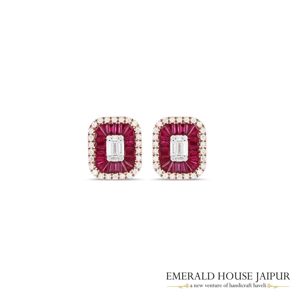 Tapered Baguette-Cut Ruby & Emerald-Cut Diamond Stud Earrings in 18K Rose Gold