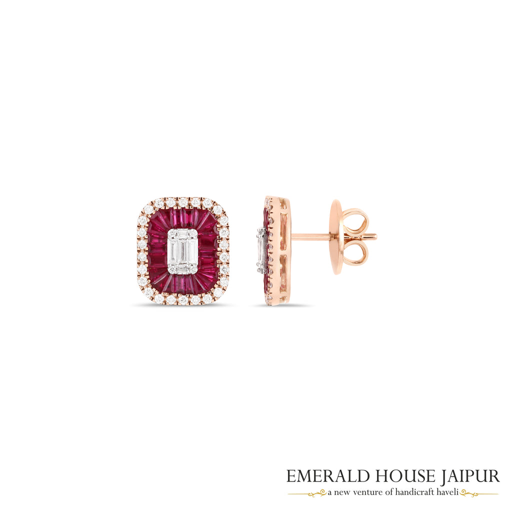 Tapered Baguette-Cut Ruby & Emerald-Cut Diamond Stud Earrings in 18K Rose Gold