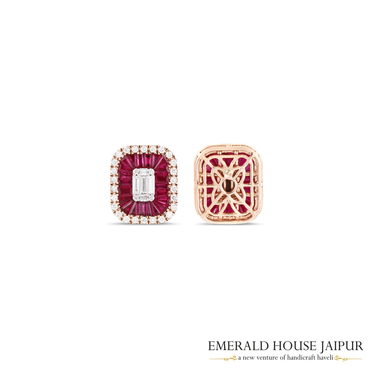 Tapered Baguette-Cut Ruby & Emerald-Cut Diamond Stud Earrings in 18K Rose Gold