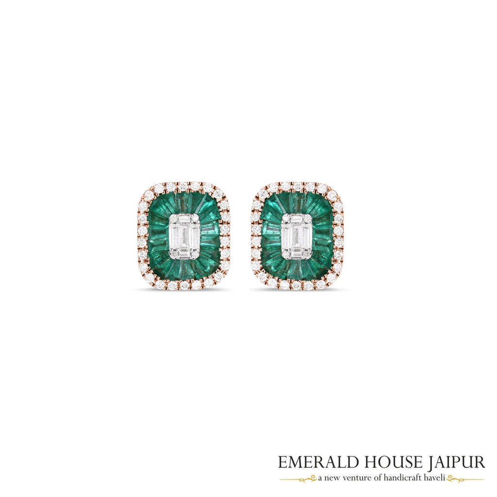 Tapered Baguette-Cut Emerald & Emerald-Cut Diamond Stud Earrings in 18K Rose Gold