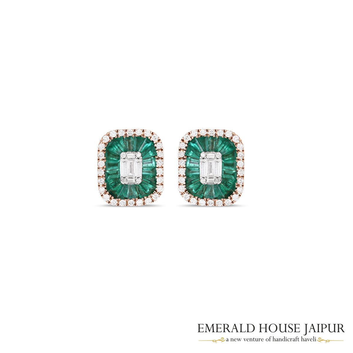 Tapered Baguette-Cut Emerald & Emerald-Cut Diamond Stud Earrings in 18K Rose Gold