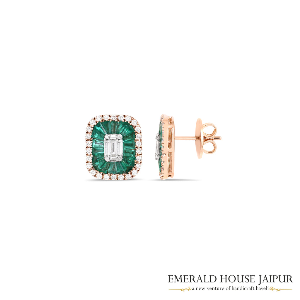 Tapered Baguette-Cut Emerald & Emerald-Cut Diamond Stud Earrings in 18K Rose Gold