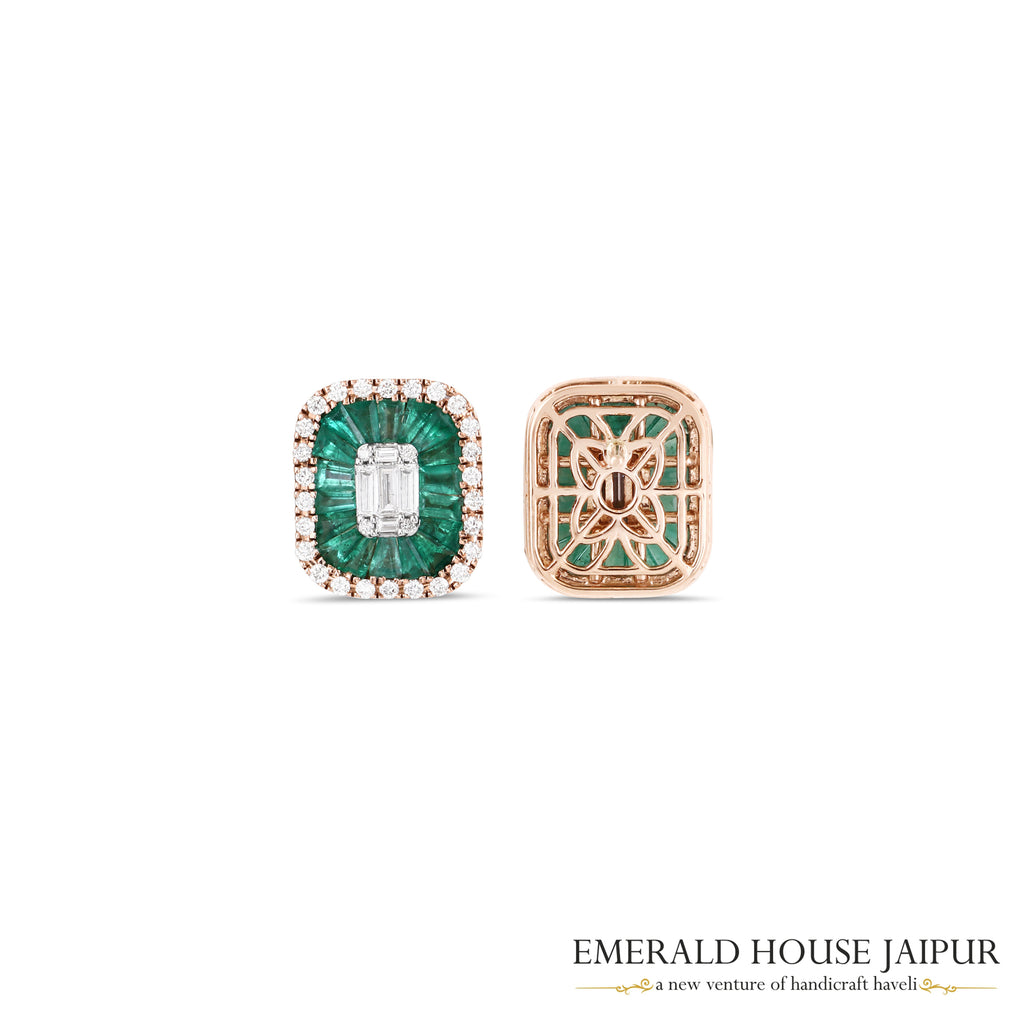 Tapered Baguette-Cut Emerald & Emerald-Cut Diamond Stud Earrings in 18K Rose Gold