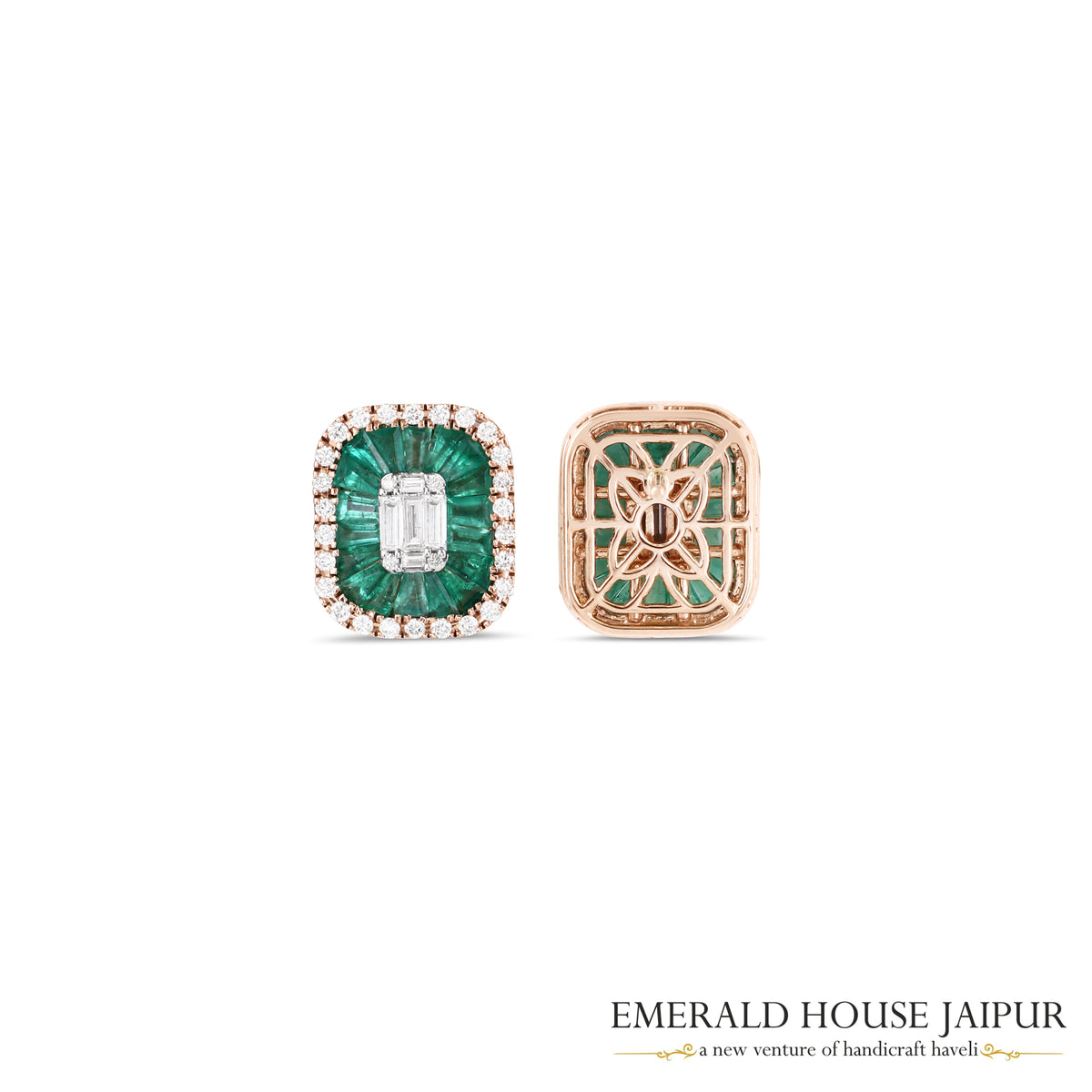 Tapered Baguette-Cut Emerald & Emerald-Cut Diamond Stud Earrings in 18K Rose Gold