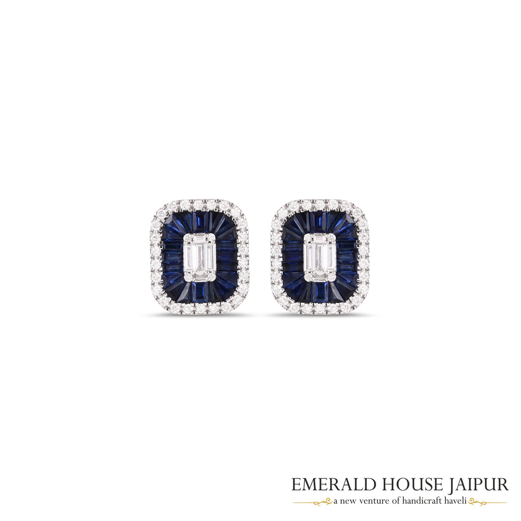 Tapered Baguette-Cut Blue Sapphire & Emerald-Cut Diamond Stud Earrings in 18K White Gold