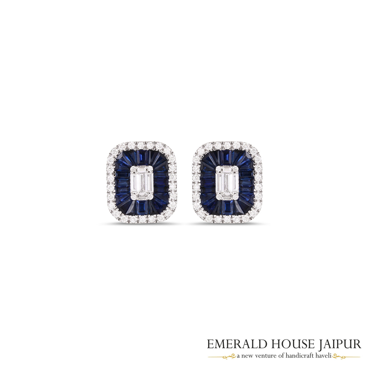 Tapered Baguette-Cut Blue Sapphire & Emerald-Cut Diamond Stud Earrings in 18K White Gold