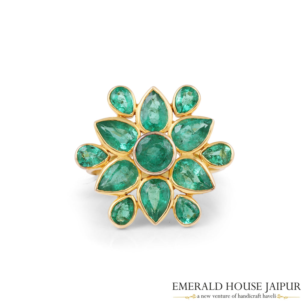 Zambian Round & Pear Emeralds Ring in 18K Yellow Gold